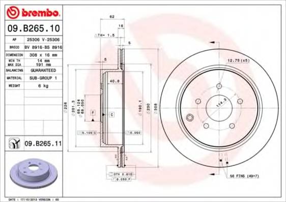 BREMBO 09.B265.10 Тормозной диск