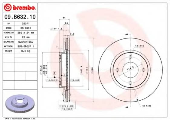 BREMBO 09.B632.10 Тормозной диск