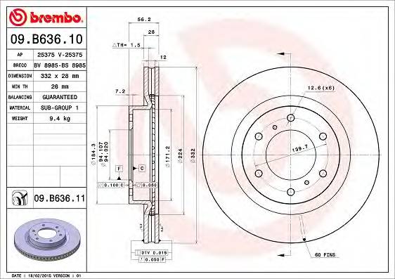 BREMBO 09.B636.11 Тормозний диск